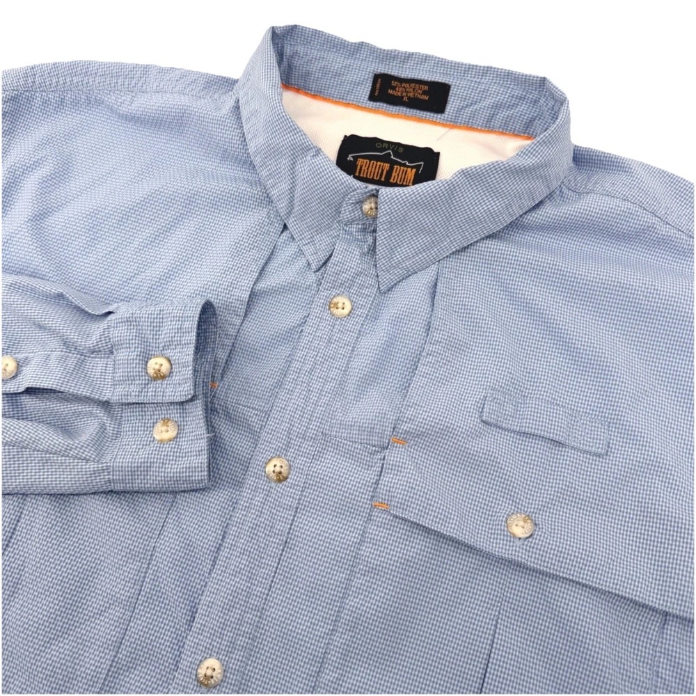 Orvis Trout Bum Fishing Shirt Mens XL Blue Vented Long Sleeve Seersucker Rolltab